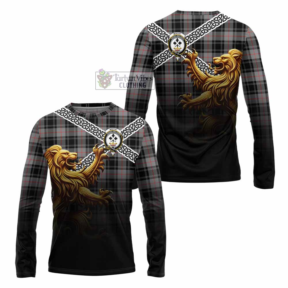 Tartan Vibes Clothing Moffat Crest Tartan Long Sleeve T-Shirt with Golden Lion Emblem Celtic Style