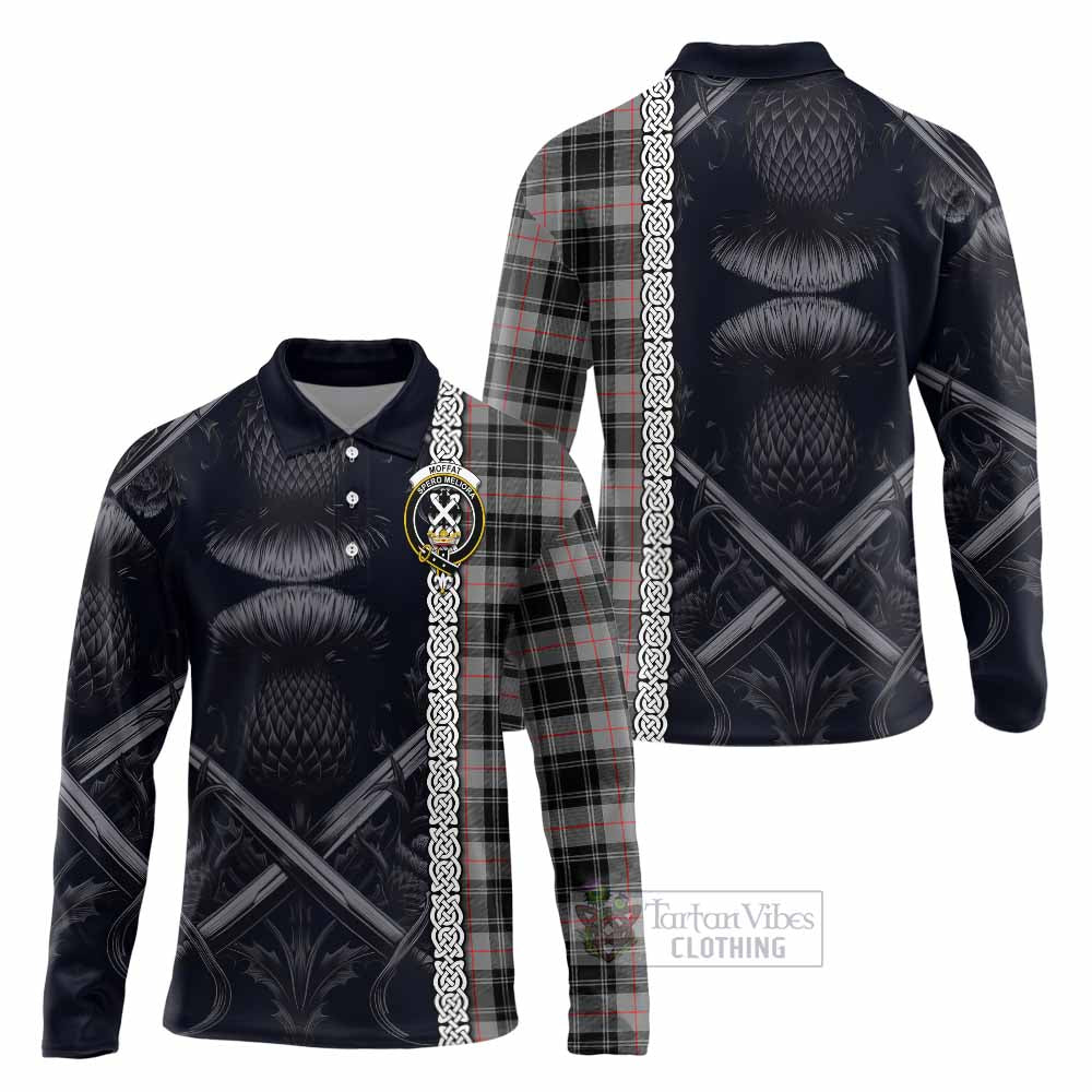 Tartan Vibes Clothing Moffat Tartan Long Sleeve Polo Shirt with Family Crest Cross Sword Thistle Celtic Vibes