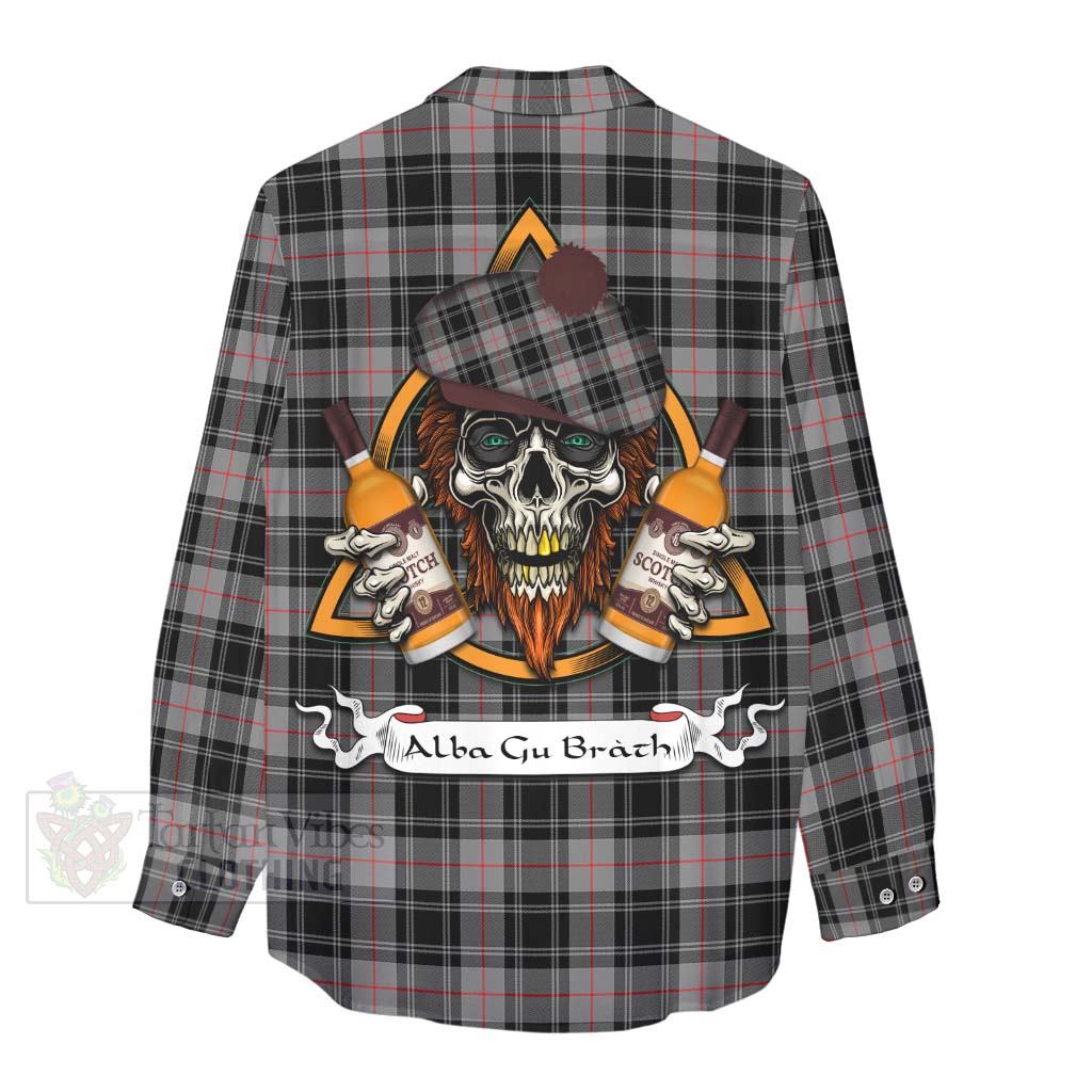 Tartan Vibes Clothing Moffat Tartan Women's Casual Shirt with Family Crest and Bearded Skull Holding Bottles of Whiskey