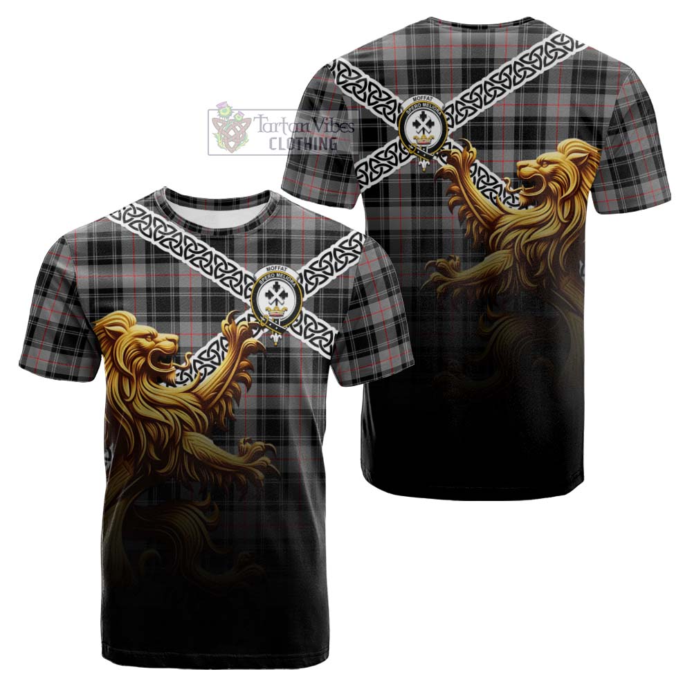 Tartan Vibes Clothing Moffat Crest Tartan Cotton T-shirt with Golden Lion Emblem Celtic Style