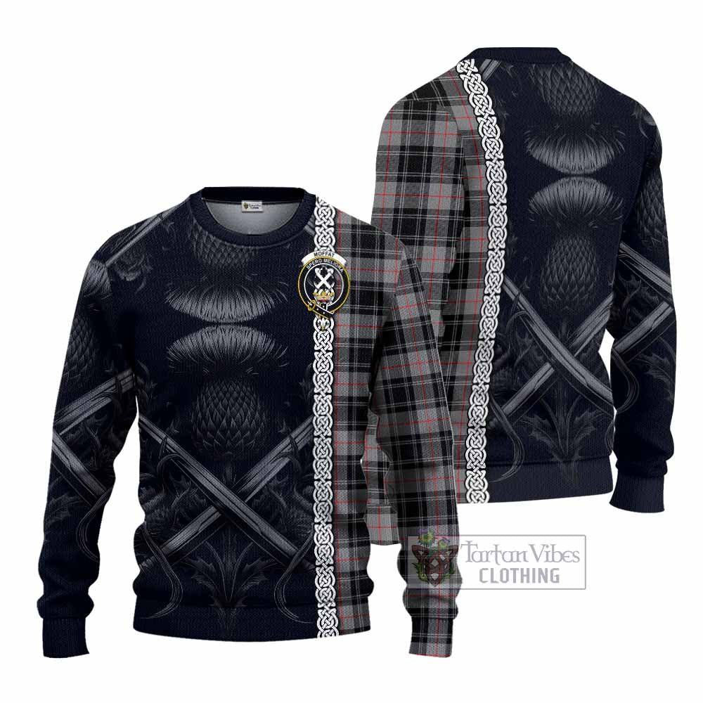 Tartan Vibes Clothing Moffat Tartan Knitted Sweater with Family Crest Cross Sword Thistle Celtic Vibes