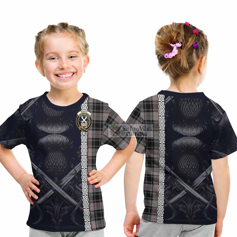 Tartan Vibes Clothing Moffat Tartan Kid T-Shirt with Family Crest Cross Sword Thistle Celtic Vibes