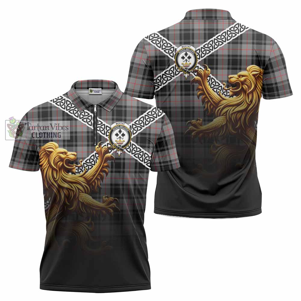 Tartan Vibes Clothing Moffat Crest Tartan Zipper Polo Shirt with Golden Lion Emblem Celtic Style