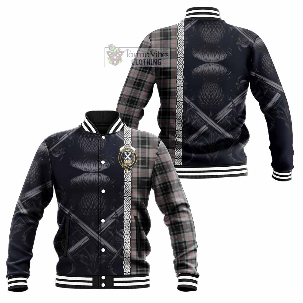 Tartan Vibes Clothing Moffat Tartan Baseball Jacket with Family Crest Cross Sword Thistle Celtic Vibes