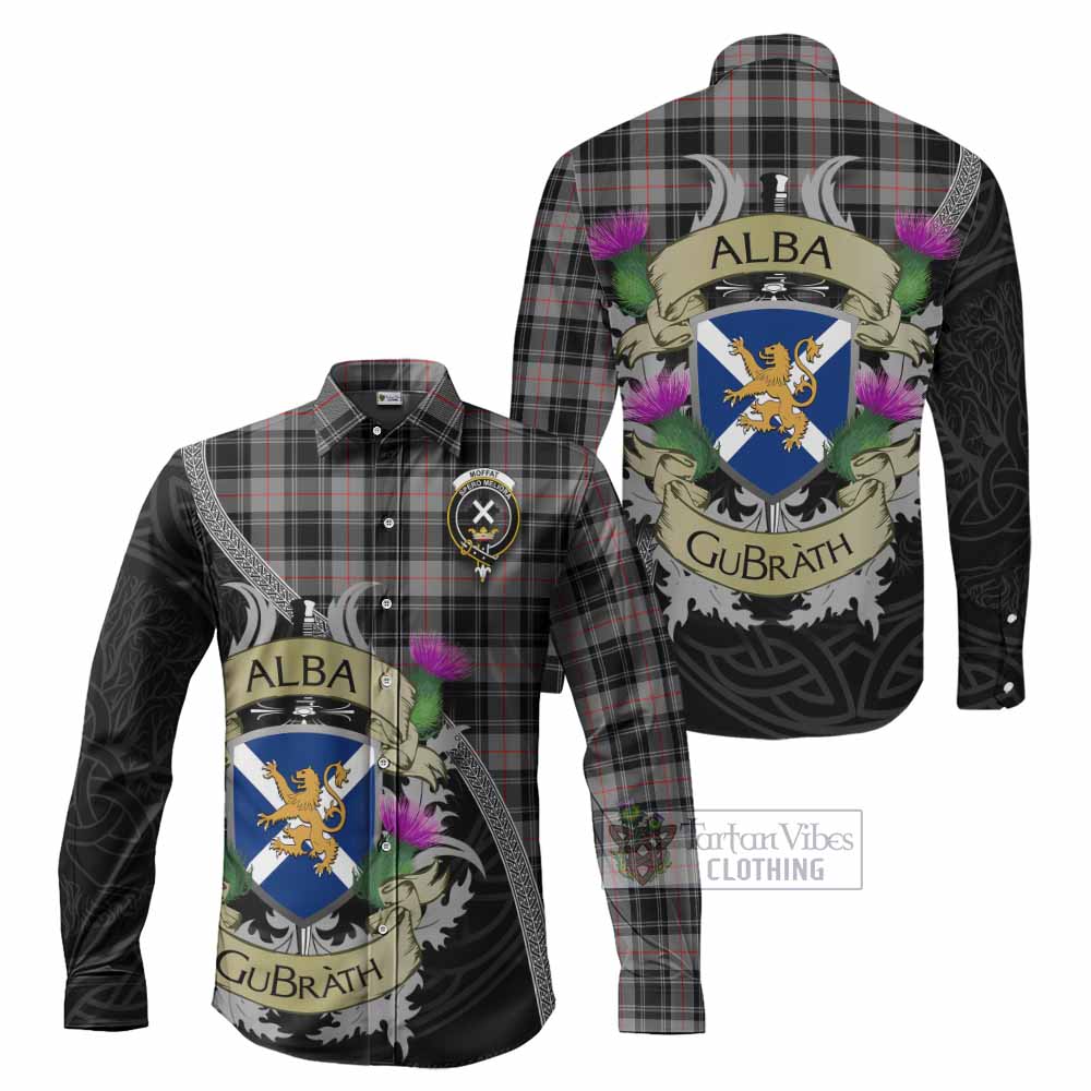 Tartan Vibes Clothing Moffat Tartan Family Crest Long Sleeve Button Shirt Lion Rampant Royal Thistle Shield Celtic Inspired