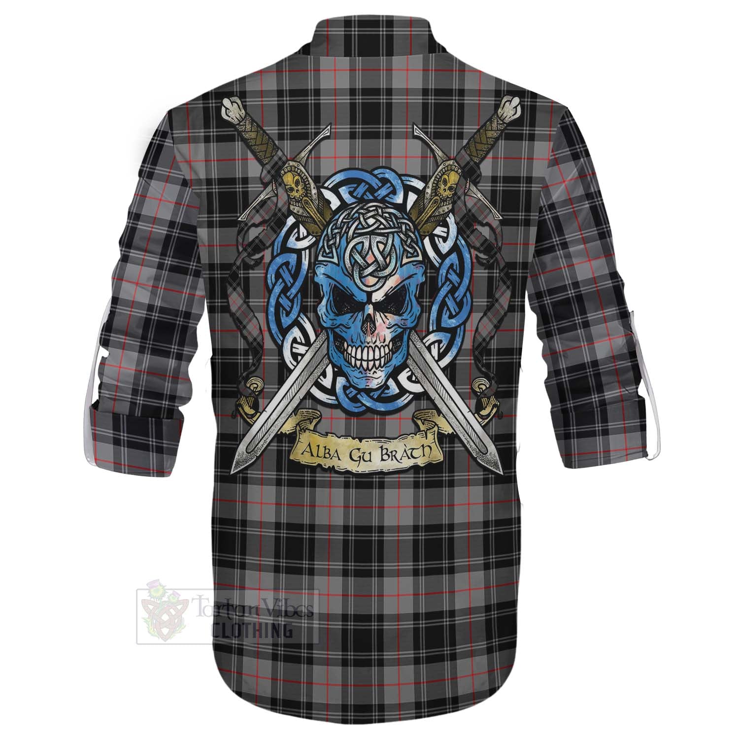 Tartan Vibes Clothing Moffat Tartan Ghillie Kilt Shirt with Family Crest Celtic Skull Style