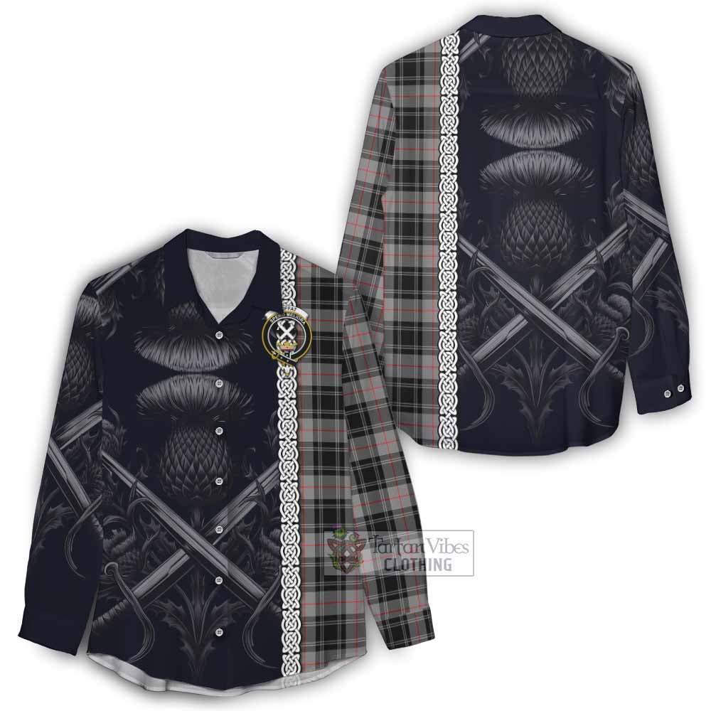 Tartan Vibes Clothing Moffat Tartan Women's Casual Shirt with Family Crest Cross Sword Thistle Celtic Vibes