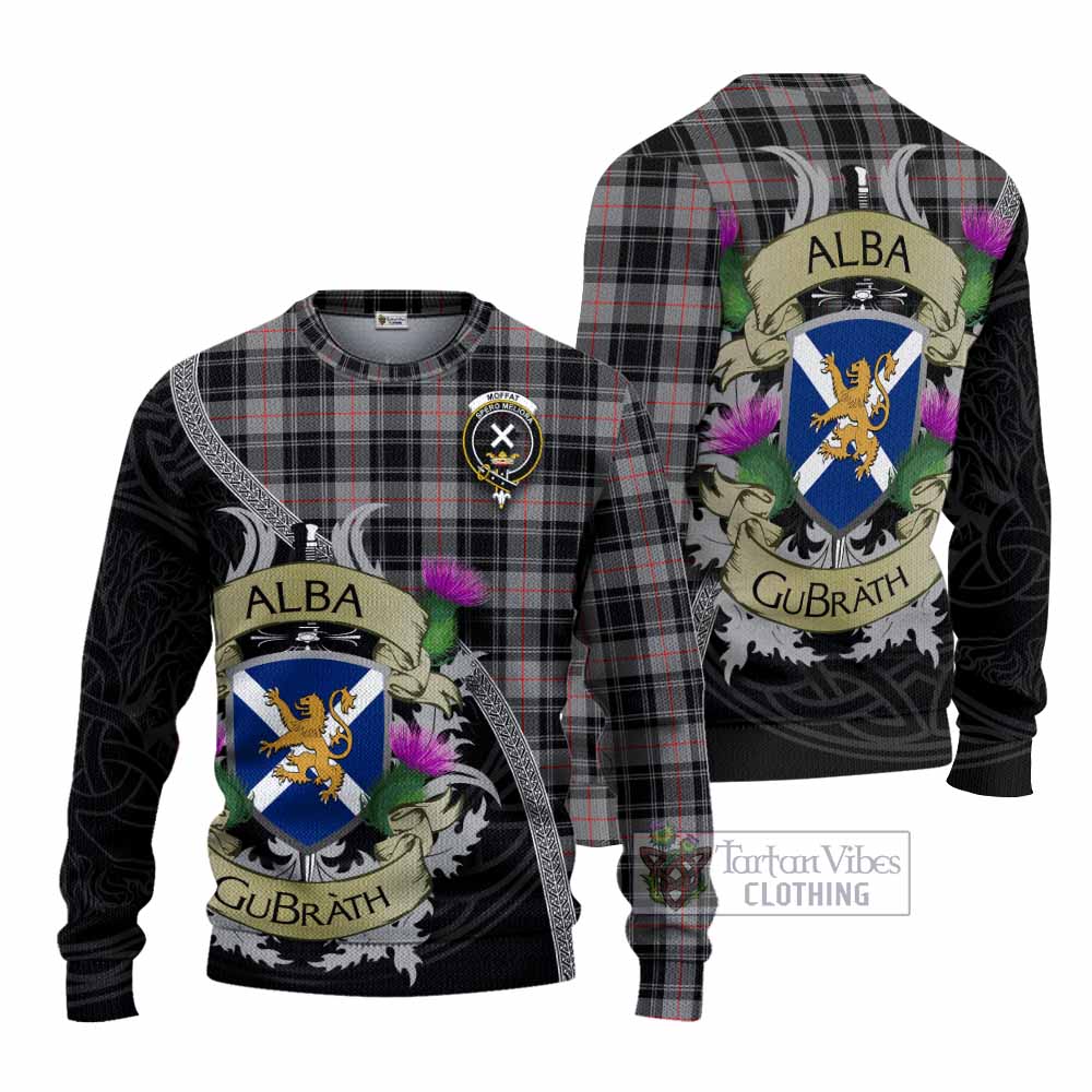 Tartan Vibes Clothing Moffat Tartan Family Crest Knitted Sweater Lion Rampant Royal Thistle Shield Celtic Inspired