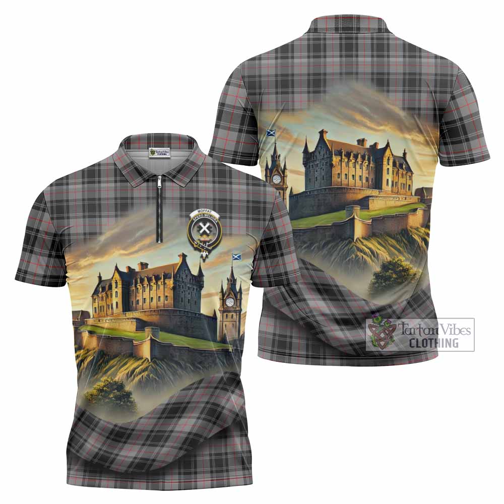Tartan Vibes Clothing Moffat Tartan Family Crest Zipper Polo Shirt with Scottish Ancient Castle Stype