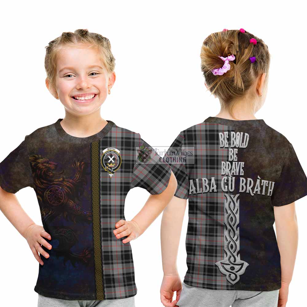 Tartan Vibes Clothing Moffat Tartan Family Crest Kid T-Shirt Alba Gu Brath Be Brave Lion Ancient Style