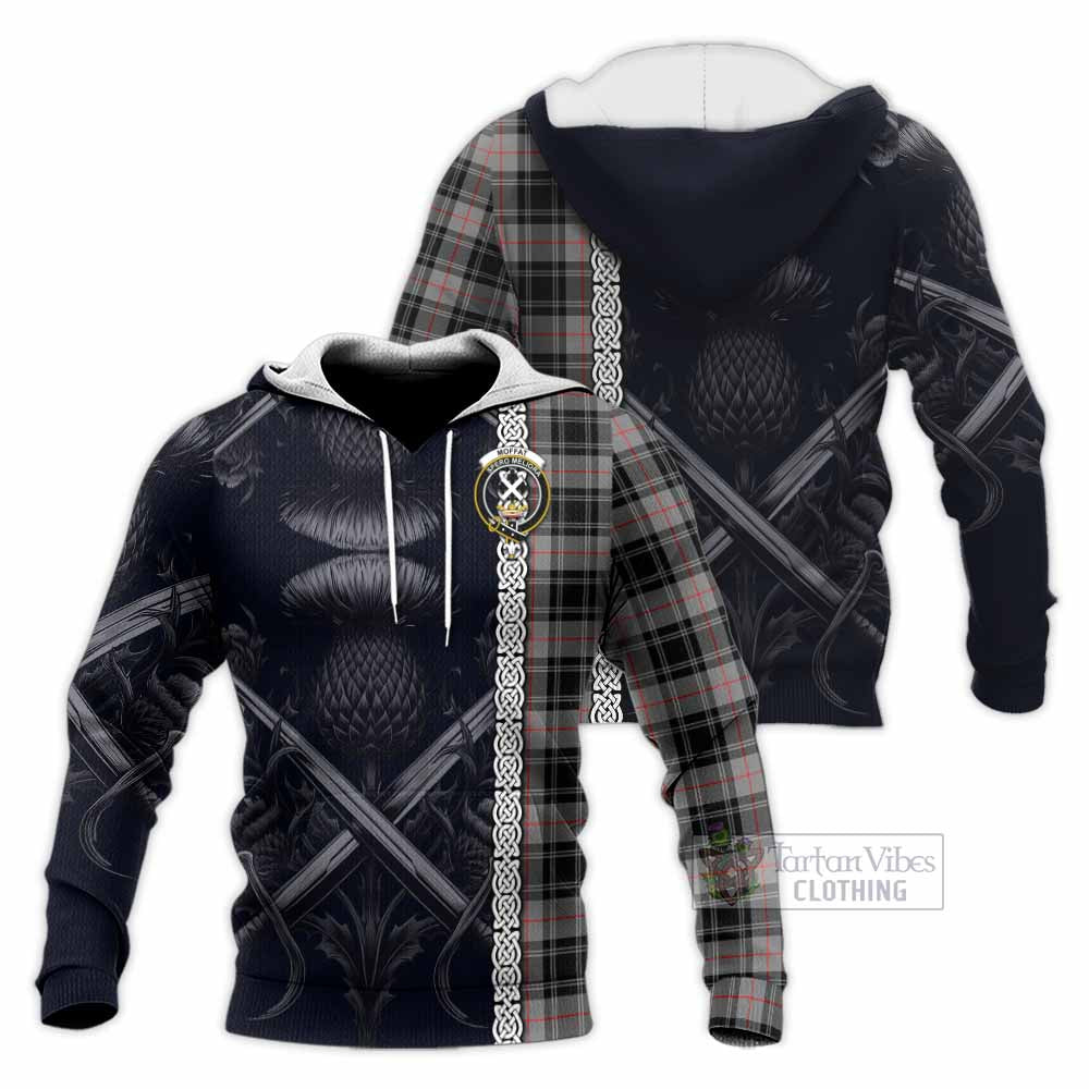 Tartan Vibes Clothing Moffat Tartan Knitted Hoodie with Family Crest Cross Sword Thistle Celtic Vibes