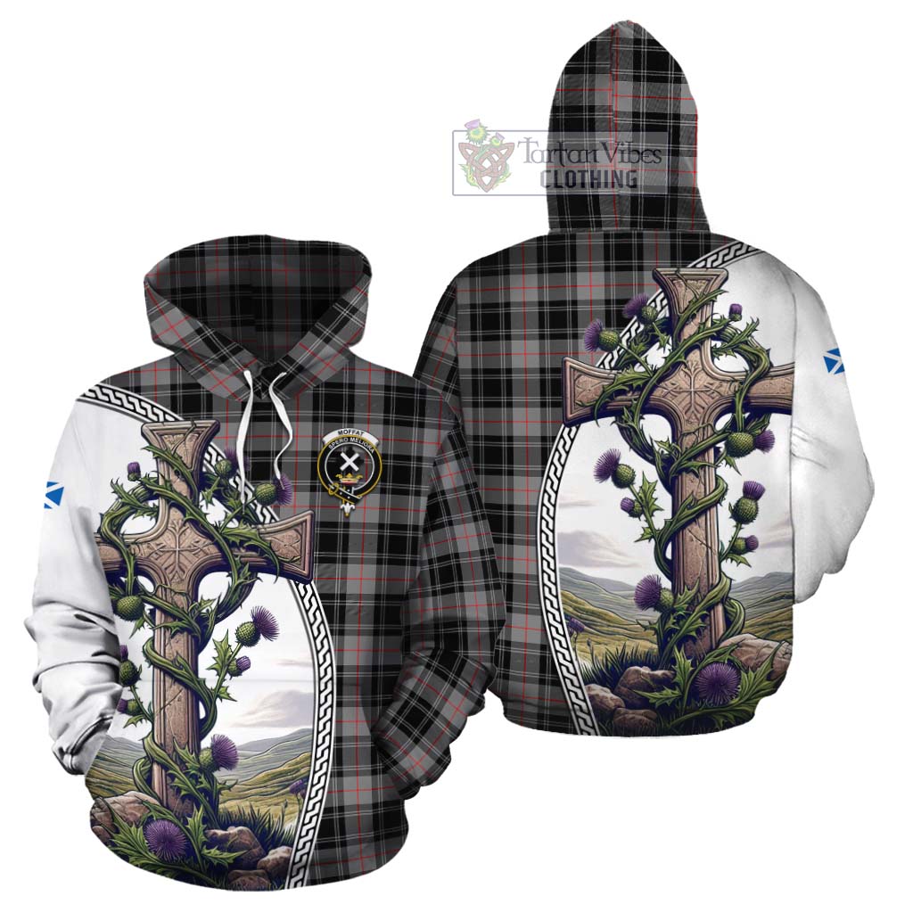 Tartan Vibes Clothing Moffat Tartan Cotton Hoodie with Family Crest and St. Andrew's Cross Accented by Thistle Vines