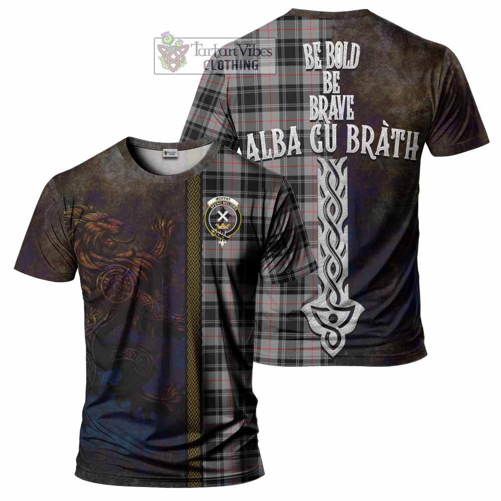 Tartan Vibes Clothing Moffat Tartan Family Crest T-Shirt Alba Gu Brath Be Brave Lion Ancient Style