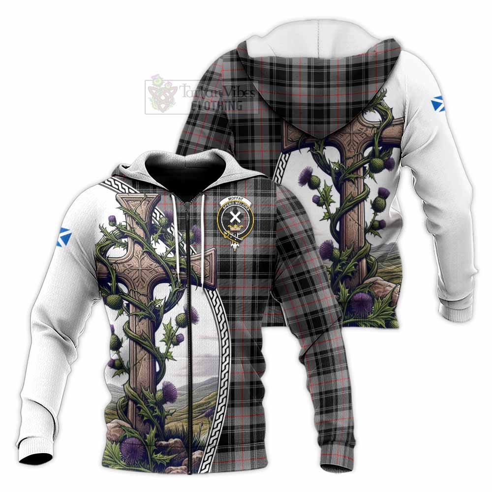 Tartan Vibes Clothing Moffat Tartan Knitted Hoodie with Family Crest and St. Andrew's Cross Accented by Thistle Vines