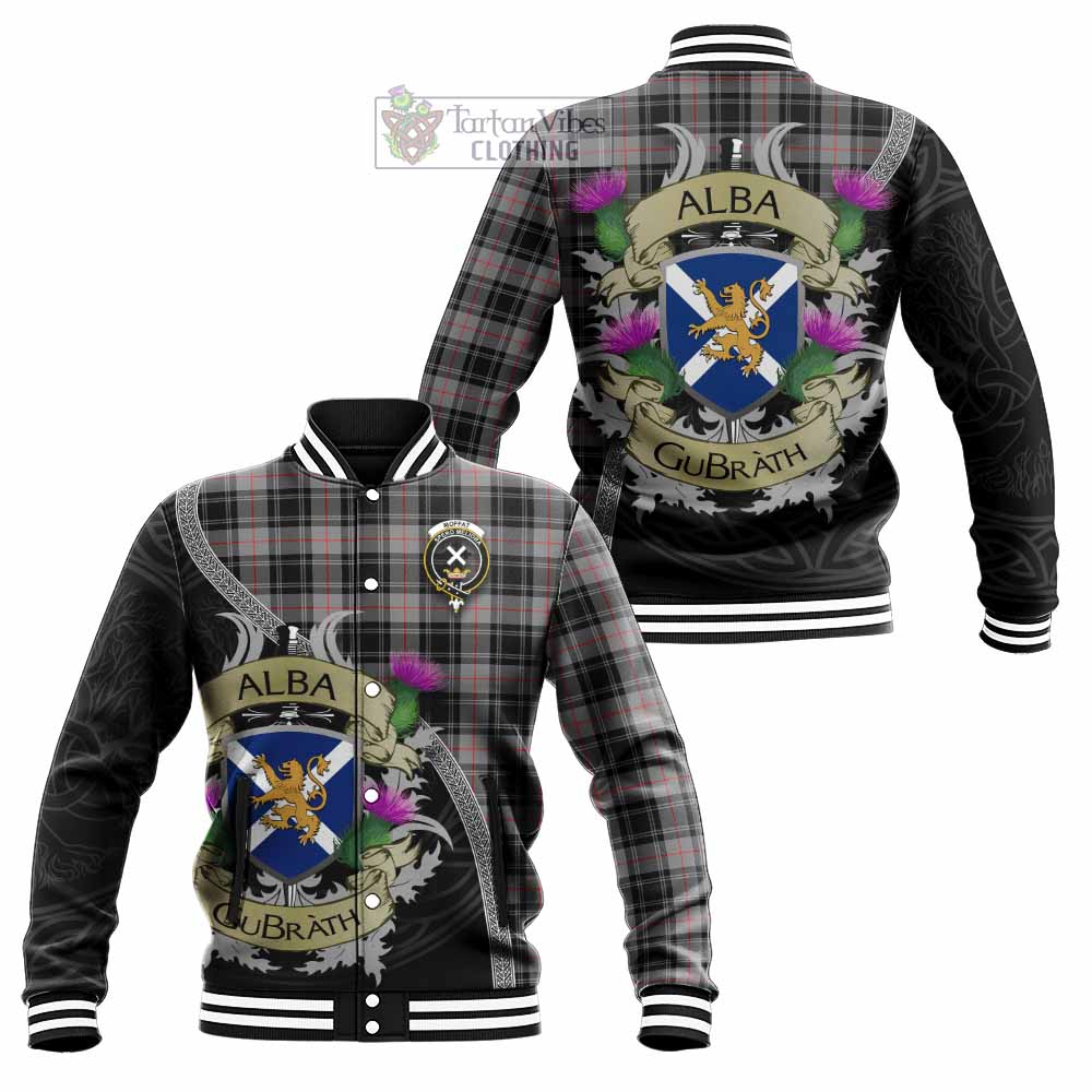 Tartan Vibes Clothing Moffat Tartan Family Crest Baseball Jacket Lion Rampant Royal Thistle Shield Celtic Inspired
