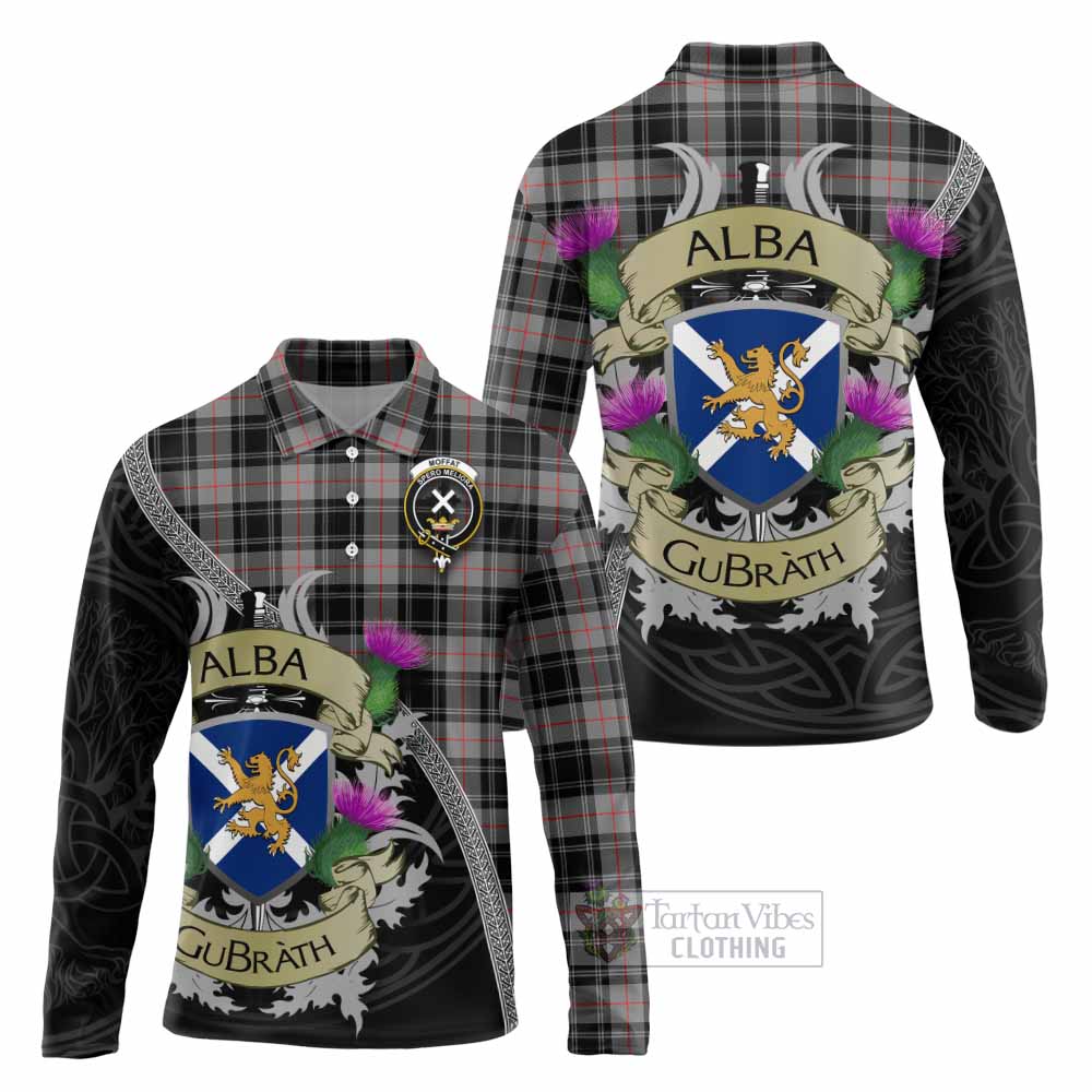 Tartan Vibes Clothing Moffat Tartan Family Crest Long Sleeve Polo Shirt Lion Rampant Royal Thistle Shield Celtic Inspired
