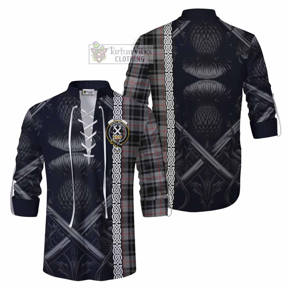 Tartan Vibes Clothing Moffat Tartan Ghillie Kilt Shirt with Family Crest Cross Sword Thistle Celtic Vibes