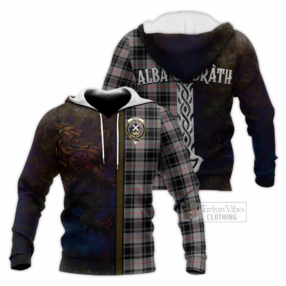 Tartan Vibes Clothing Moffat Tartan Family Crest Knitted Hoodie Alba Gu Brath Be Brave Lion Ancient Style