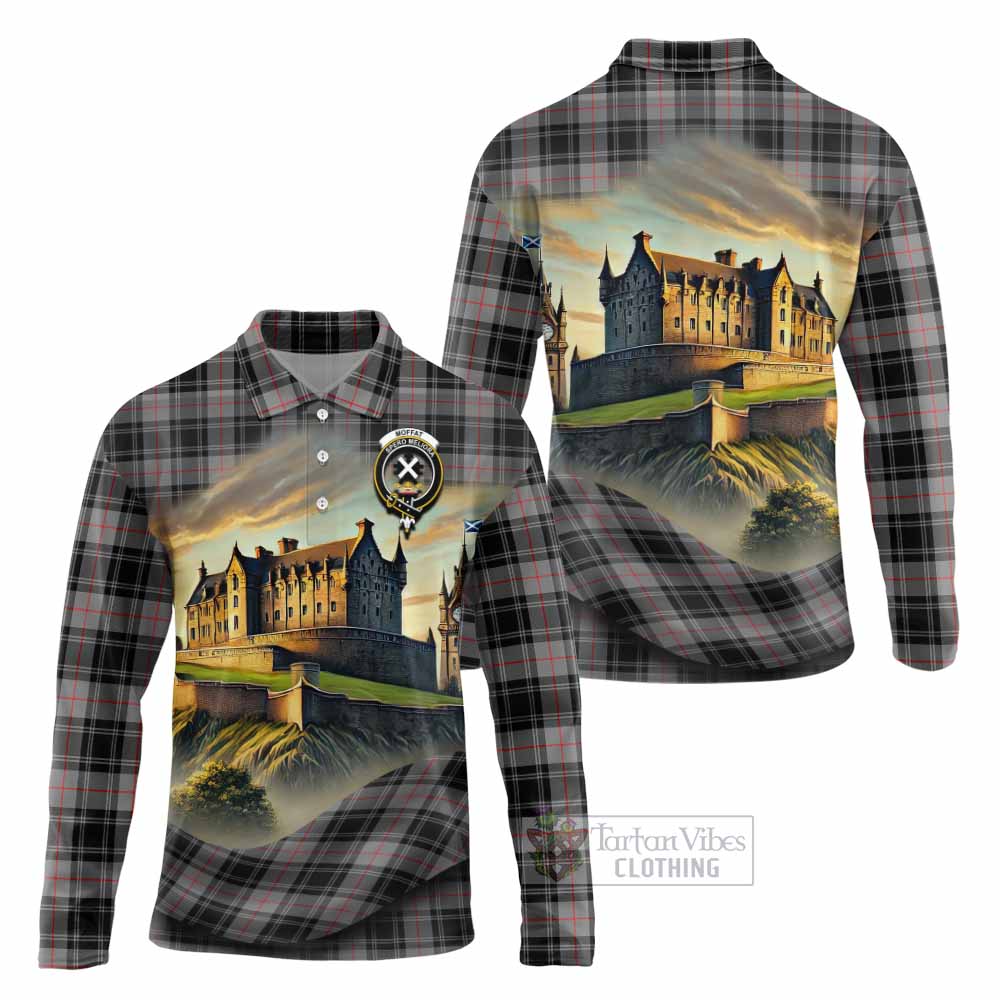 Tartan Vibes Clothing Moffat Tartan Family Crest Long Sleeve Polo Shirt with Scottish Ancient Castle Style
