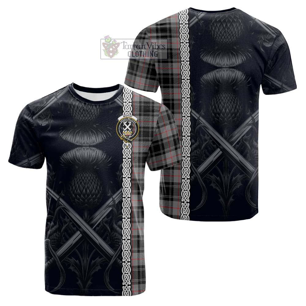 Tartan Vibes Clothing Moffat Tartan Cotton T-shirt with Family Crest Cross Sword Thistle Celtic Vibes