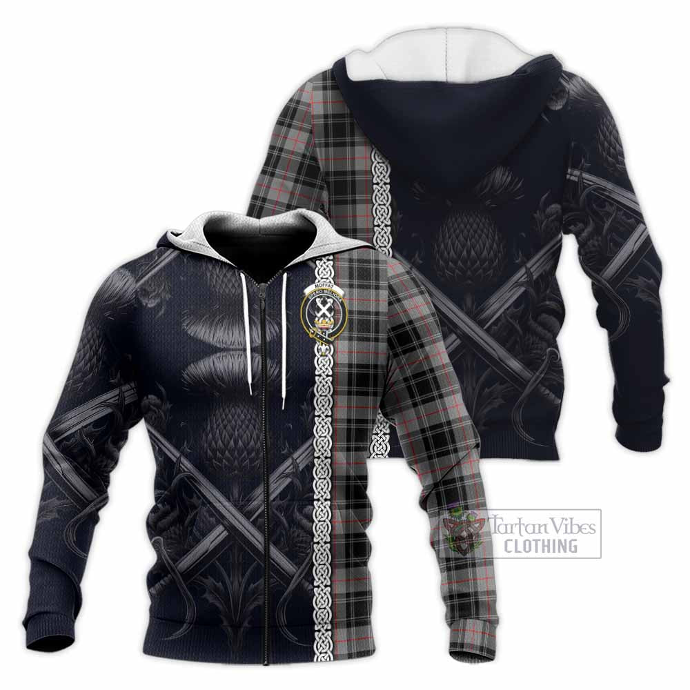 Tartan Vibes Clothing Moffat Tartan Knitted Hoodie with Family Crest Cross Sword Thistle Celtic Vibes