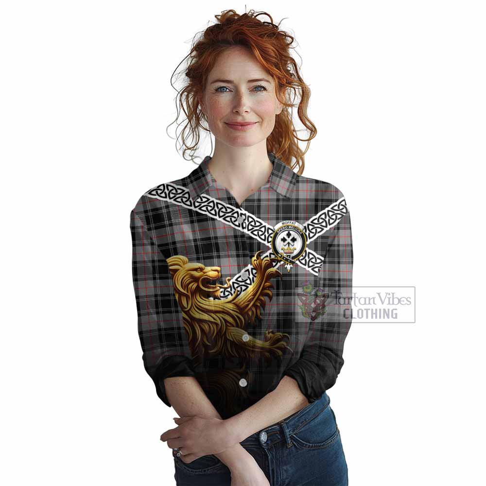 Tartan Vibes Clothing Moffat Crest Tartan Women's Casual Shirt with Golden Lion Emblem Celtic Style