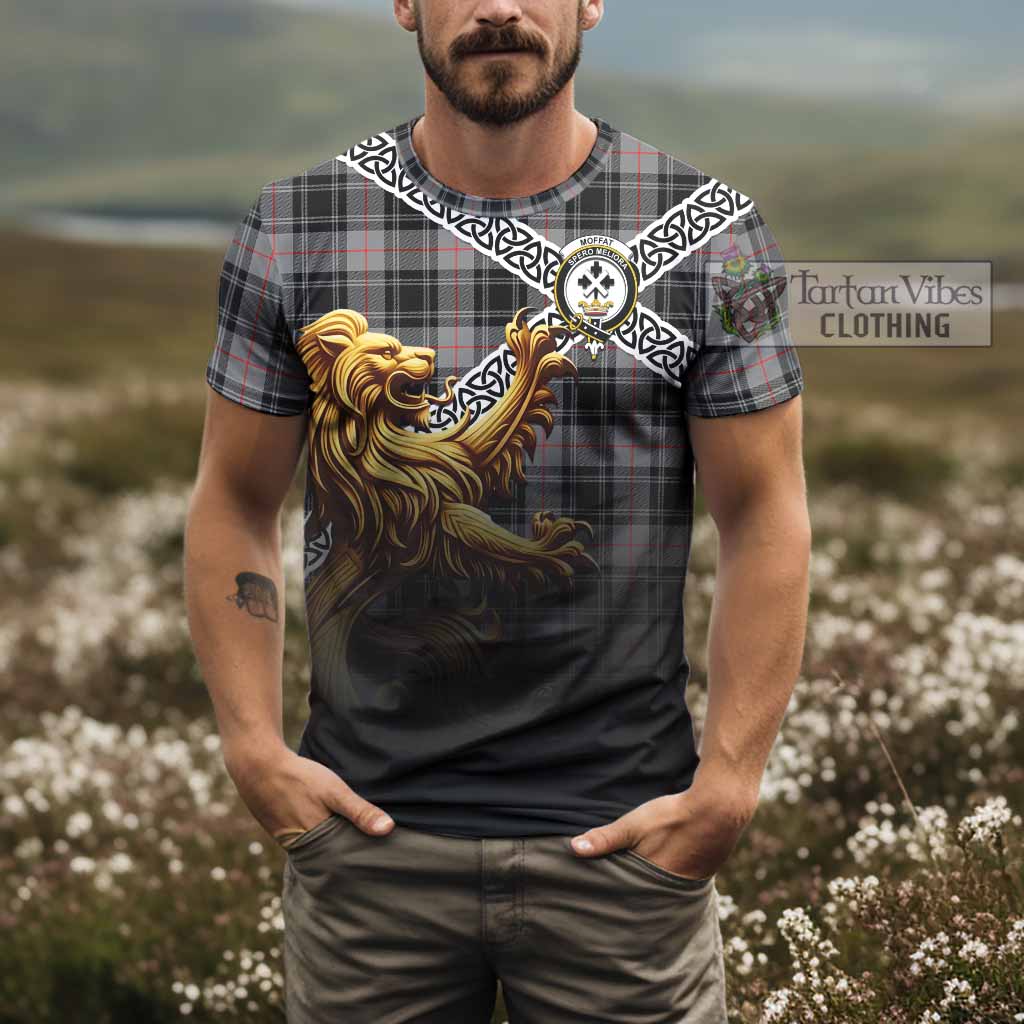 Tartan Vibes Clothing Moffat Crest Tartan T-Shirt with Golden Lion Emblem Celtic Style