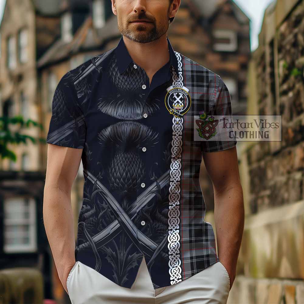 Tartan Vibes Clothing Moffat Tartan Short Sleeve Button Shirt with Family Crest Cross Sword Thistle Celtic Vibes