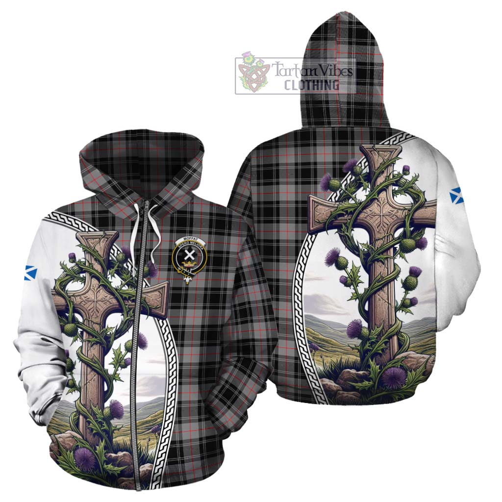 Tartan Vibes Clothing Moffat Tartan Cotton Hoodie with Family Crest and St. Andrew's Cross Accented by Thistle Vines