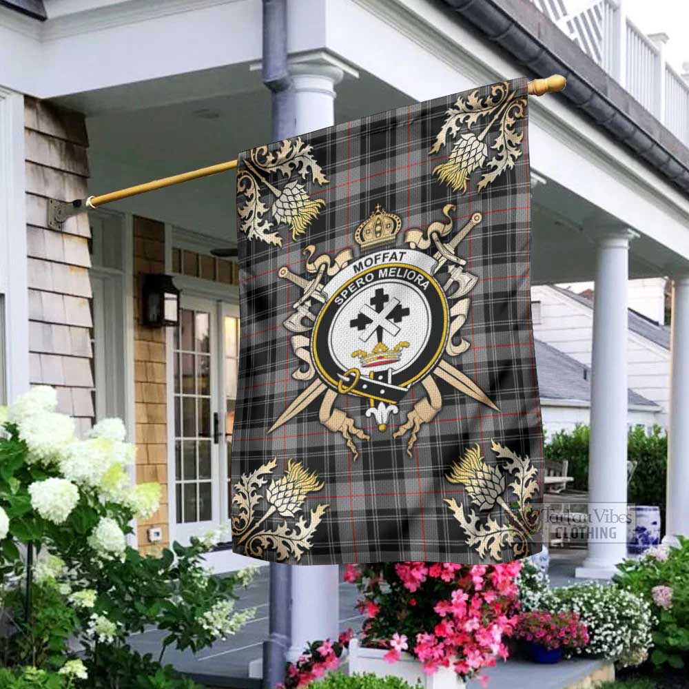 Tartan Vibes Clothing Moffat Tartan Flag with Family Crest and Golden Thistle Crossed Sword Design