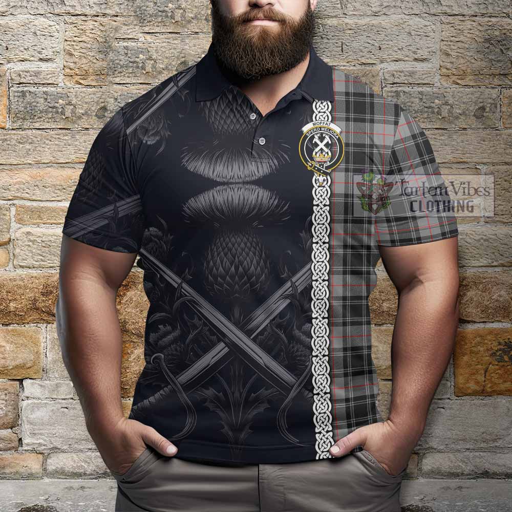 Tartan Vibes Clothing Moffat Tartan Polo Shirt with Family Crest Cross Sword Thistle Celtic Vibes
