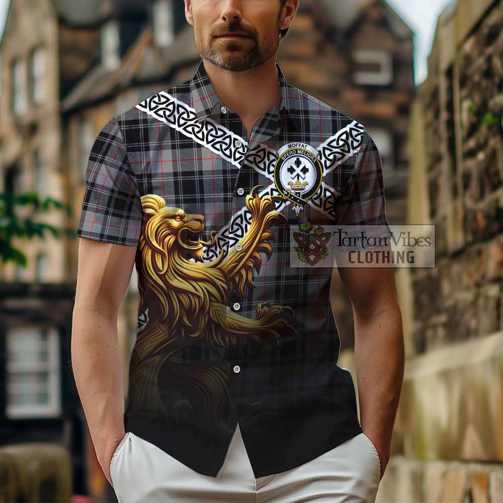 Tartan Vibes Clothing Moffat Crest Tartan Short Sleeve Button Shirt with Golden Lion Emblem Celtic Style