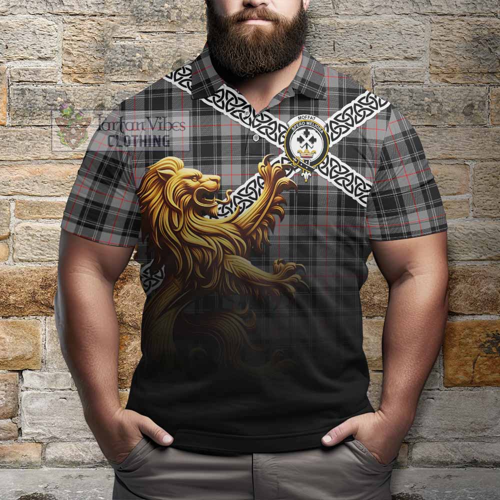 Tartan Vibes Clothing Moffat Crest Tartan Polo Shirt with Golden Lion Emblem Celtic Style