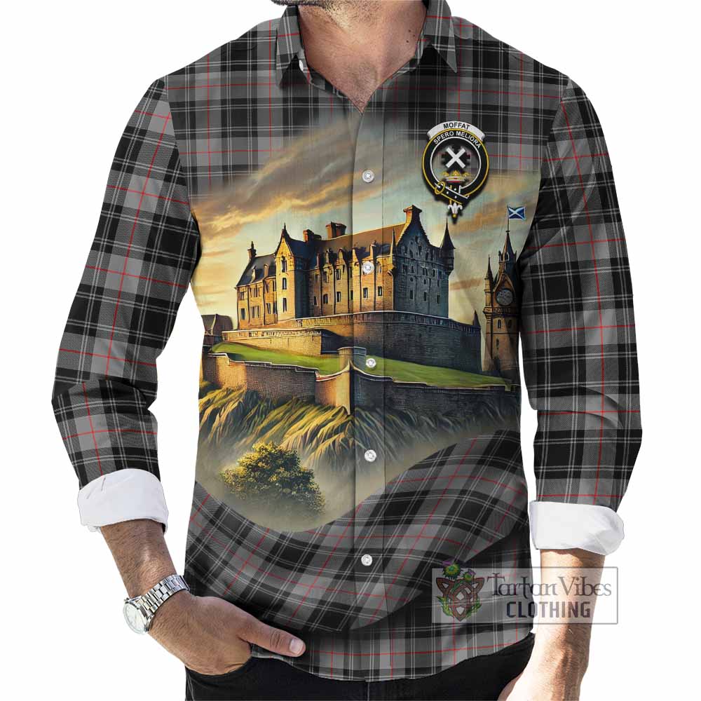 Tartan Vibes Clothing Moffat Tartan Family Crest Long Sleeve Button Shirt with Scottish Ancient Castle Style
