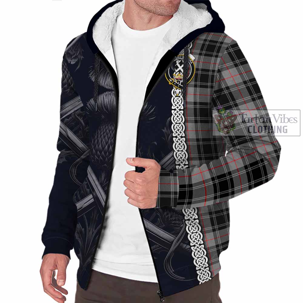 Tartan Vibes Clothing Moffat Tartan Sherpa Hoodie with Family Crest Cross Sword Thistle Celtic Vibes