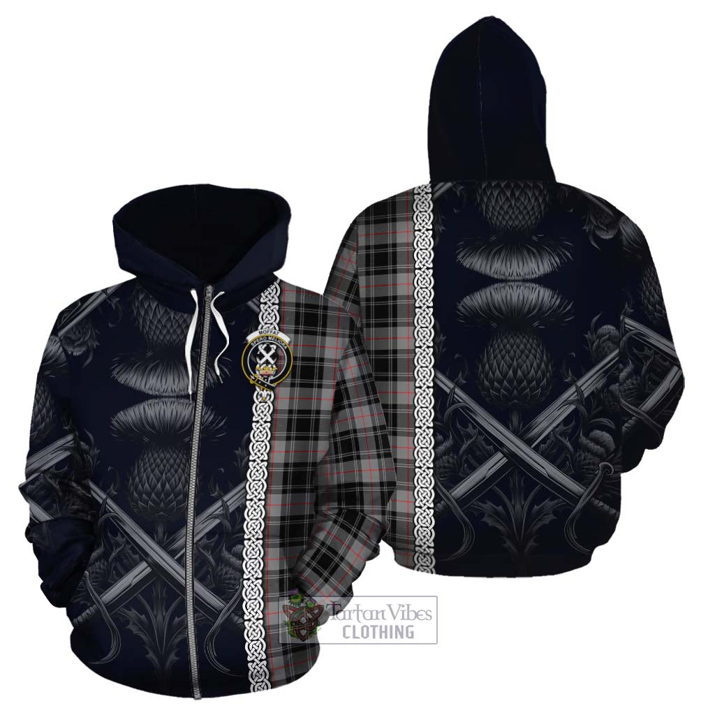 Tartan Vibes Clothing Moffat Tartan Cotton Hoodie with Family Crest Cross Sword Thistle Celtic Vibes