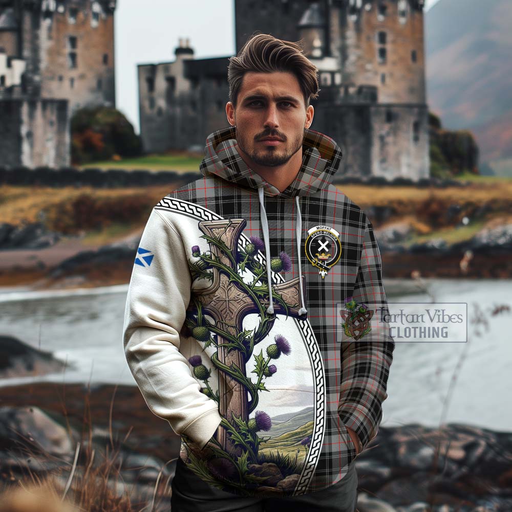 Tartan Vibes Clothing Moffat Tartan Cotton Hoodie with Family Crest and St. Andrew's Cross Accented by Thistle Vines