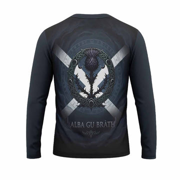 Moffat Clan Crest Long Sleeve T-Shirt with Celtic Knot Thistle and Saltire