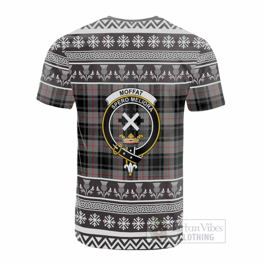 Moffat Clan Tartan Christmas Cotton T-shirt with Family Crest - Tartan Vibes Clothing
