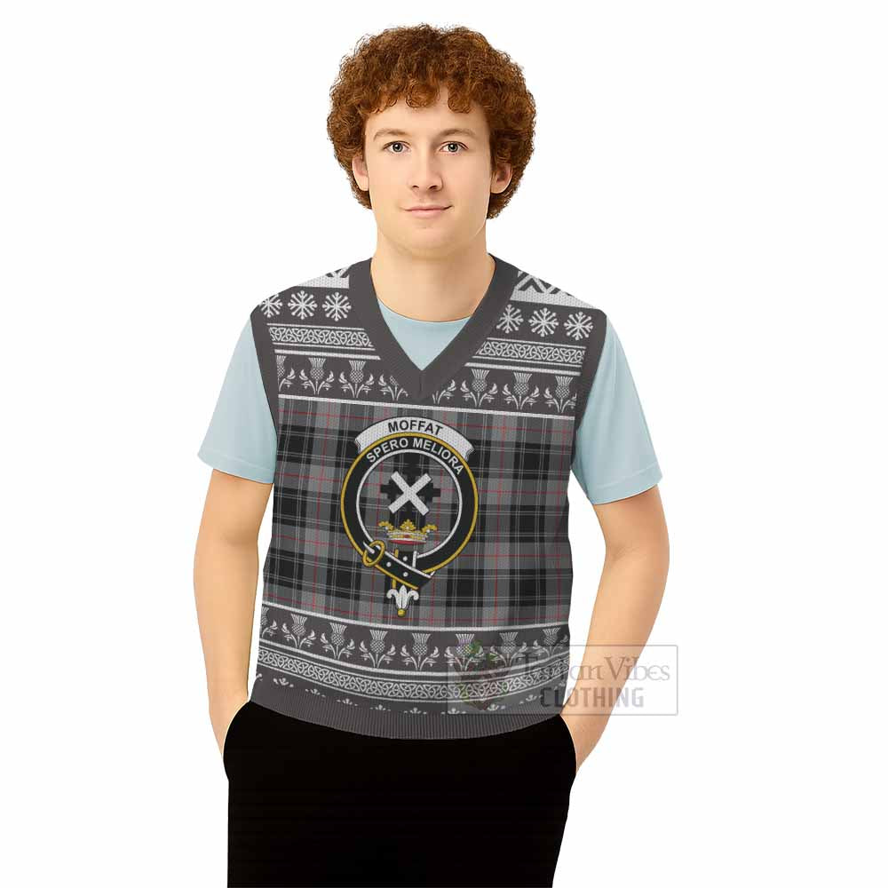 Moffat Clan Tartan Christmas Knitted V-Neck Vest with Family Crest - Tartan Vibes Clothing