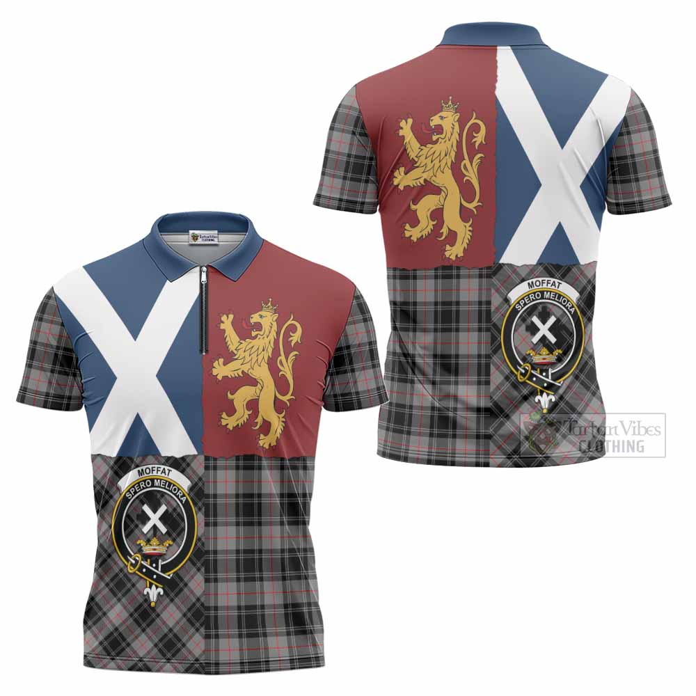 Moffat Crest Tartan Zipper Polo Shirt with Lion Rampant Saltire Style