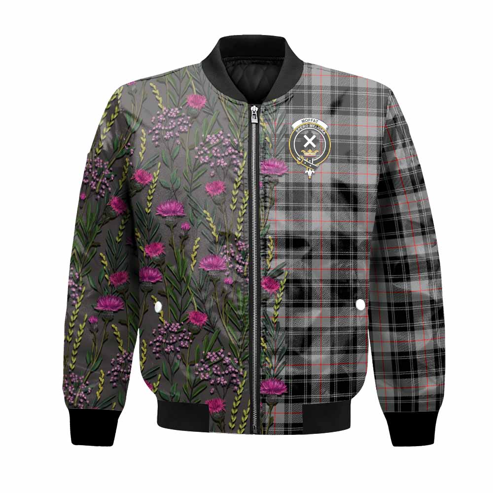 Moffat Family Crest Tartan Bomber Jacket Scottish Thistle Flower Pattern Half Style - Tartan Vibes Clothing