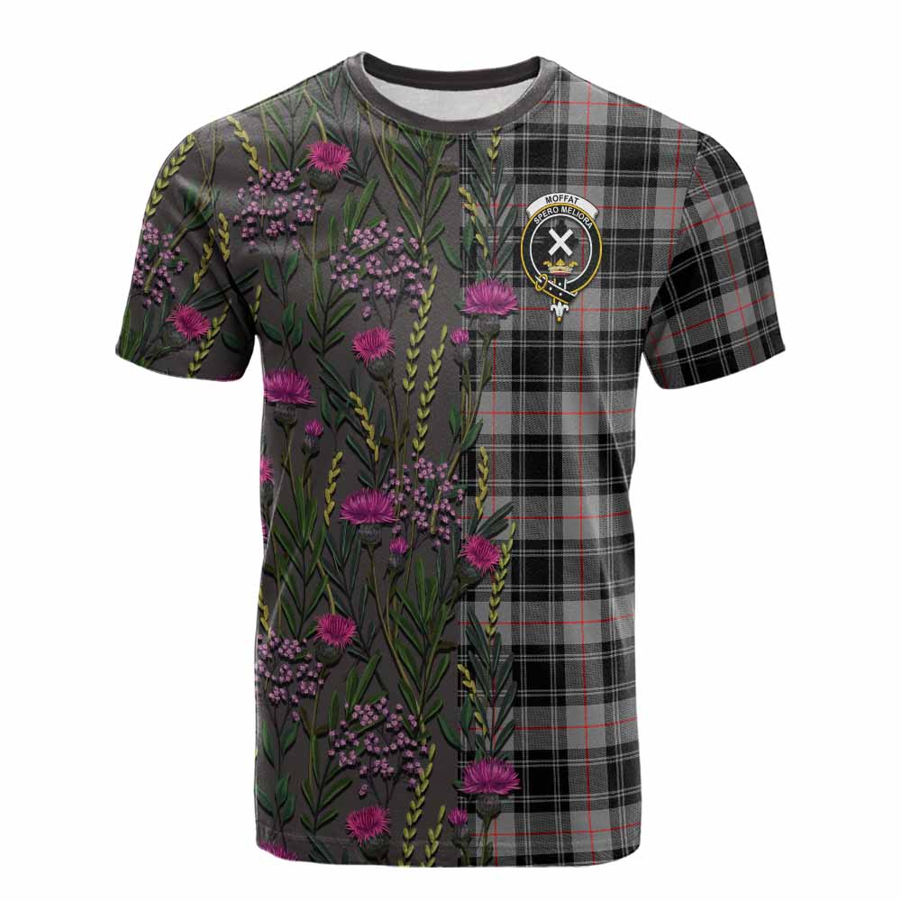 Moffat Family Crest Tartan Cotton T-shirt Scottish Thistle Flower Pattern Half Style - Tartan Vibes Clothing