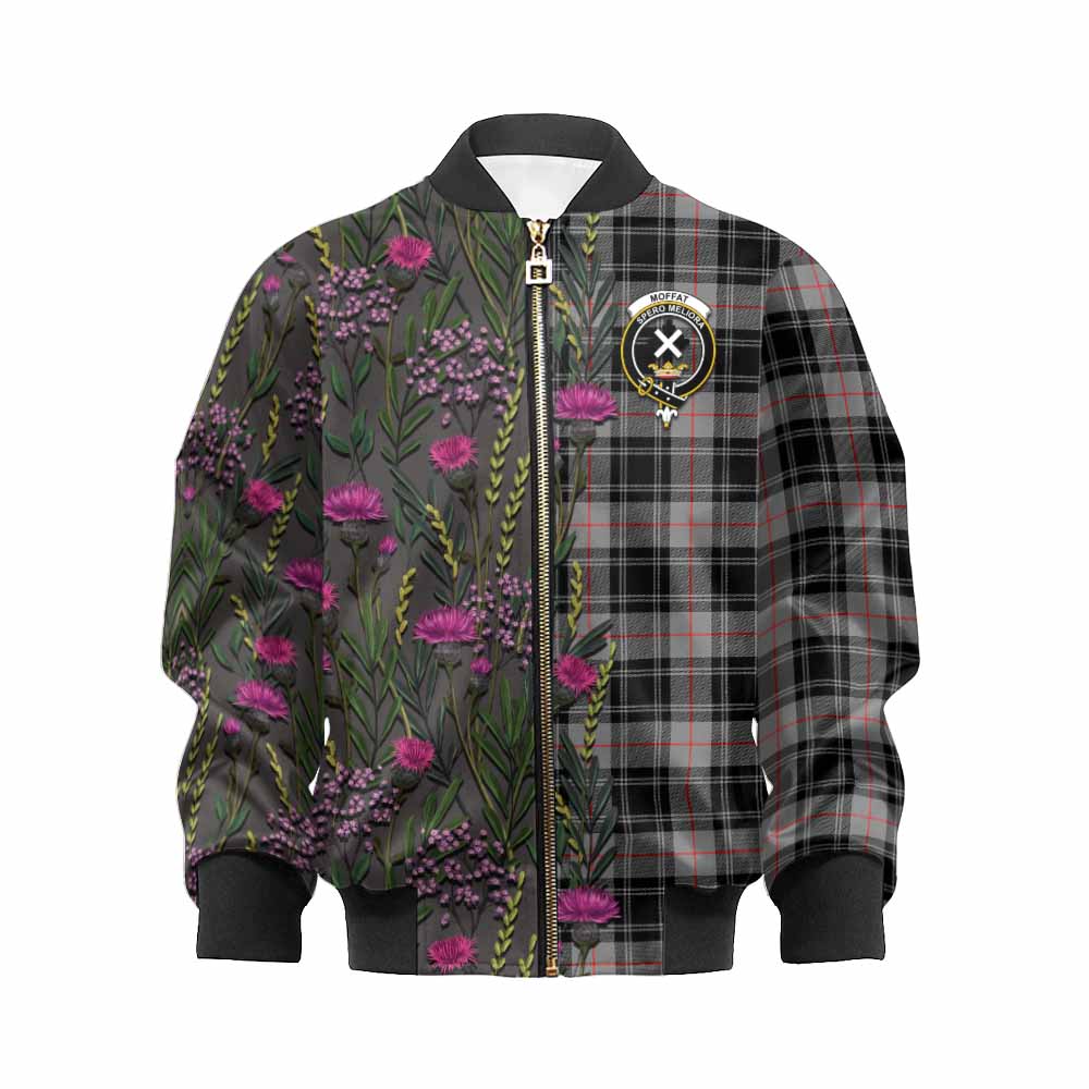Moffat Family Crest Tartan Kid Bomber Jacket Scottish Thistle Flower Pattern Half Style - Tartan Vibes Clothing