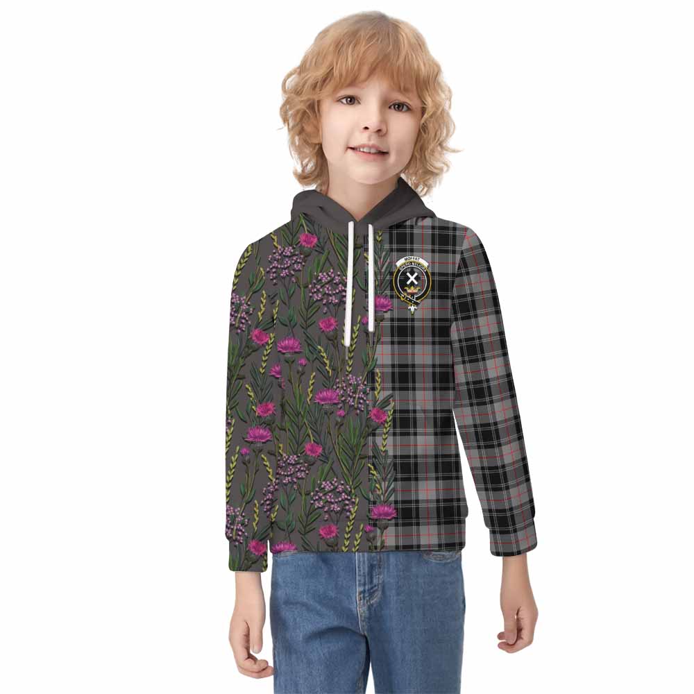 Moffat Family Crest Tartan Kid Hoodie Scottish Thistle Flower Pattern Half Style - Tartan Vibes Clothing