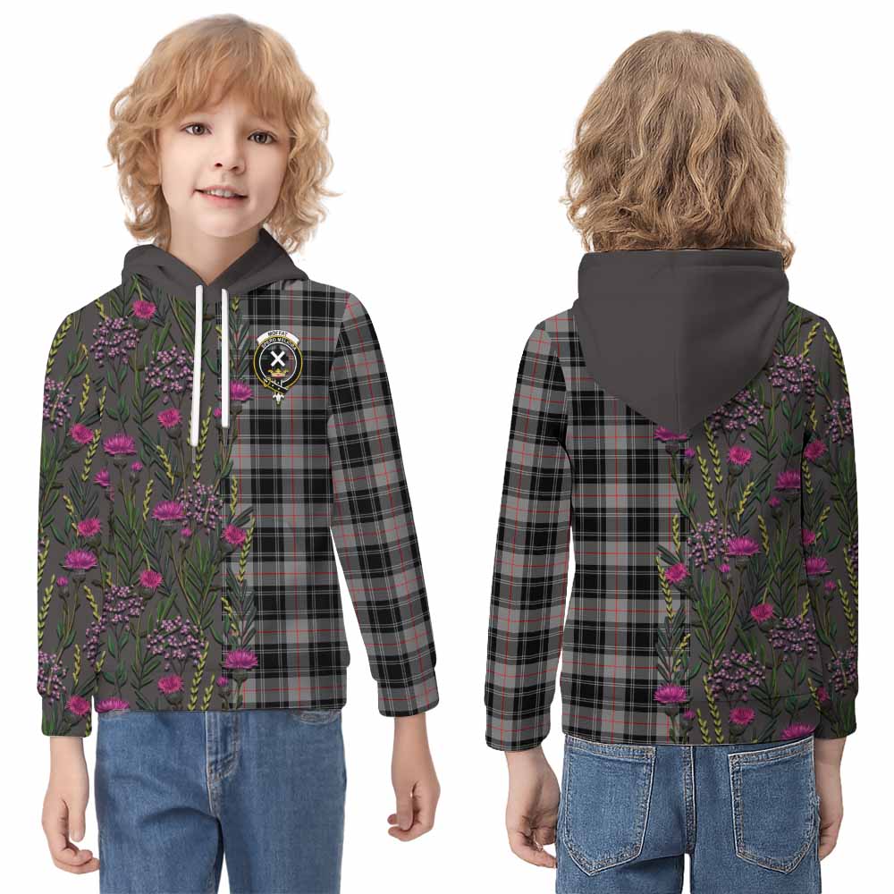 Moffat Family Crest Tartan Kid Hoodie Scottish Thistle Flower Pattern Half Style - Tartan Vibes Clothing