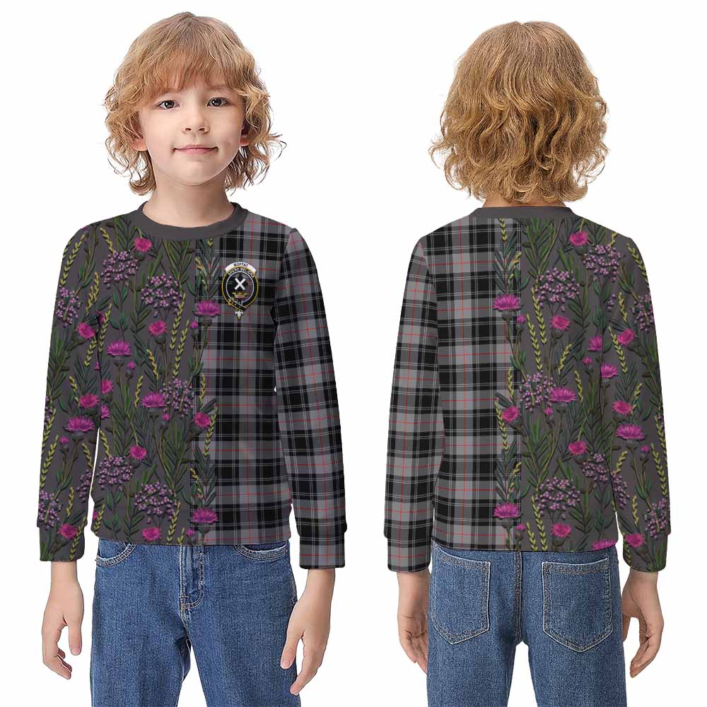 Moffat Family Crest Tartan Kid Knitted Sweatshirt Scottish Thistle Flower Pattern Half Style - Tartan Vibes Clothing