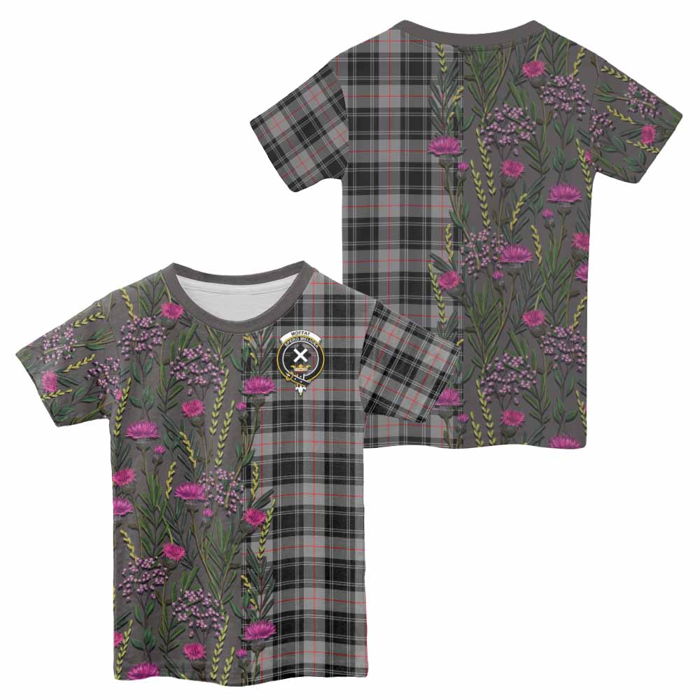 Moffat Family Crest Tartan Kid T-shirt Scottish Thistle Flower Pattern Half Style - Tartan Vibes Clothing