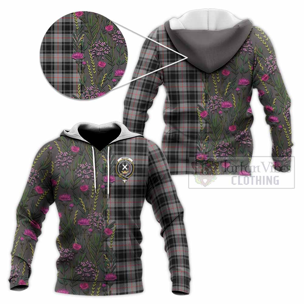 Moffat Family Crest Tartan Knitted Hoodie Scottish Thistle Flower Pattern Half Style - Tartan Vibes Clothing