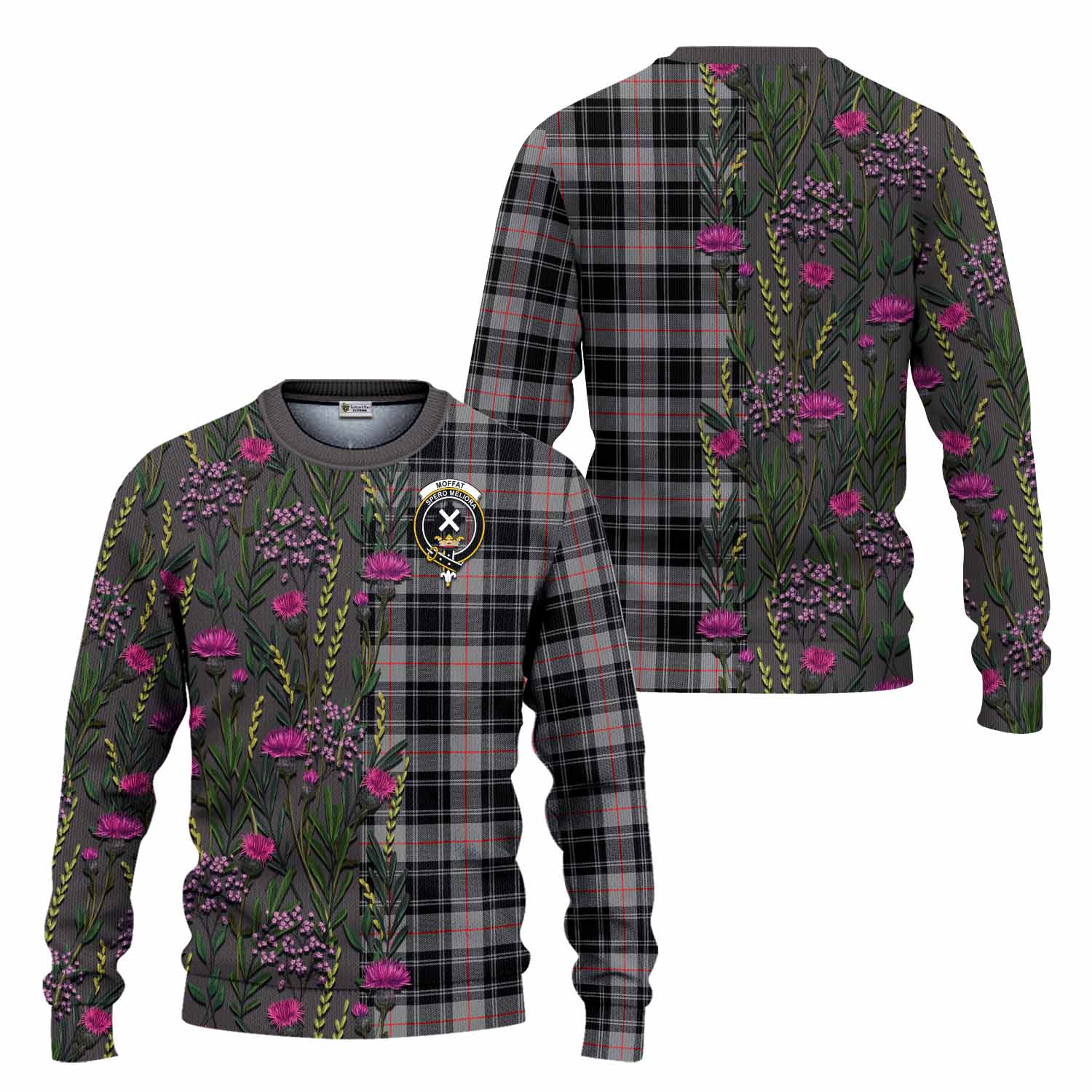Moffat Family Crest Tartan Knitted Sweater Scottish Thistle Flower Pattern Half Style - Tartan Vibes Clothing